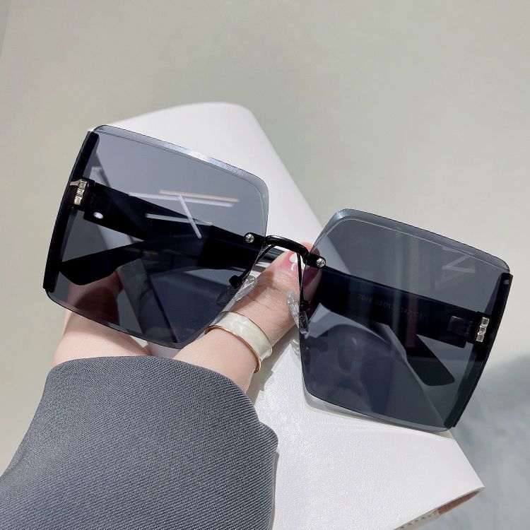 2023新款方形無框切邊太陽眼鏡網紅個性閃粉大框時尚大臉顯瘦墨鏡