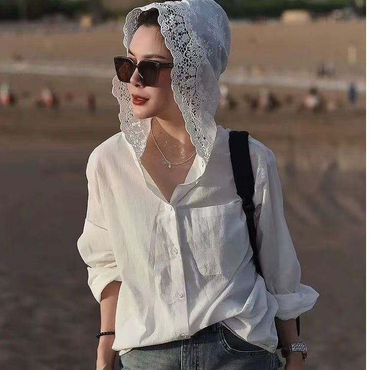 洋氣防曬蕾絲連帽襯衫寬鬆設計感外套個性百搭氣質上衣
