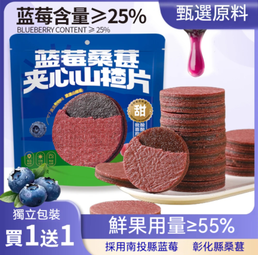「無防腐劑、無色素|台灣農產藍莓桑葚夾心片,高纖維+花青素滿滿!吃零食也能很健康」 「無防腐劑、無色素|台灣農產藍莓桑葚夾心片,高纖維+花青素滿滿!吃零食也能很健康」